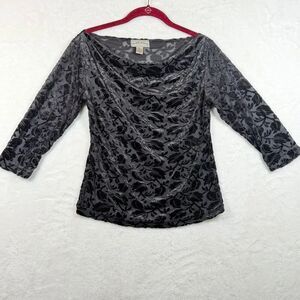 Frazier Lawrence Velvet Burnout Top Womens S Black Floral Cowl Neck 3/4 Sleeve